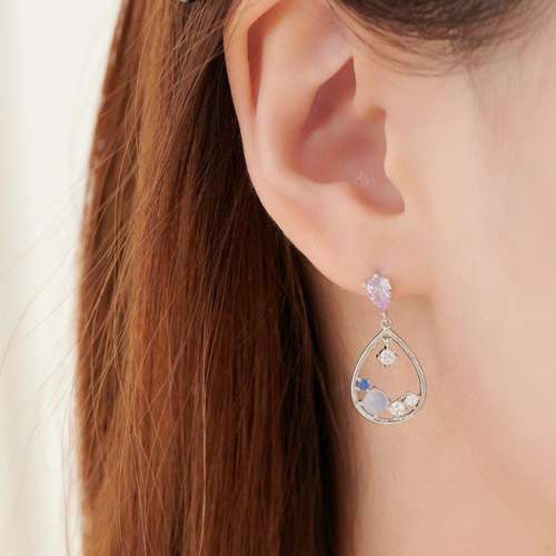 韓國紫水鑽水滴框耳環 銀色 [925銀針] 韓系氣質閃銀藍晶