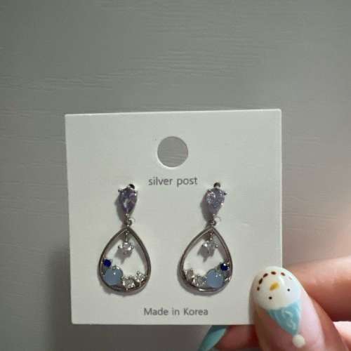 韓國紫水鑽水滴框耳環 銀色 [925銀針] 韓系氣質閃銀藍晶