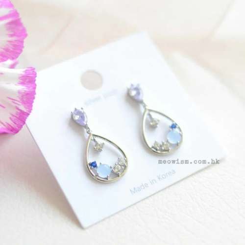 韓國紫水鑽水滴框耳環 銀色 [925銀針] 韓系氣質閃銀藍晶