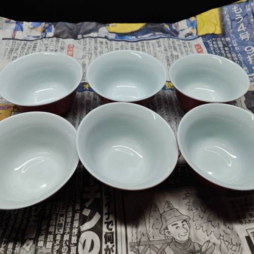 6，7，80年代龍窑紅釉豆青杯(一套5隻)