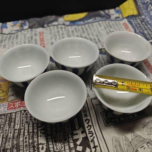 日本昭和時期手繪西瓜皮青花老杯(一套五枚)