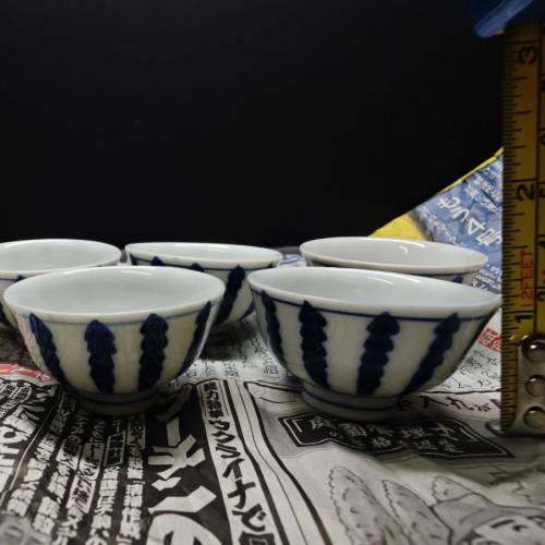 日本昭和時期手繪西瓜皮青花老杯(一套五枚)