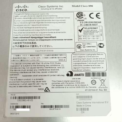CISCO 800 Series Router CISCO892-K9 V02 P/N: 341-0135-03