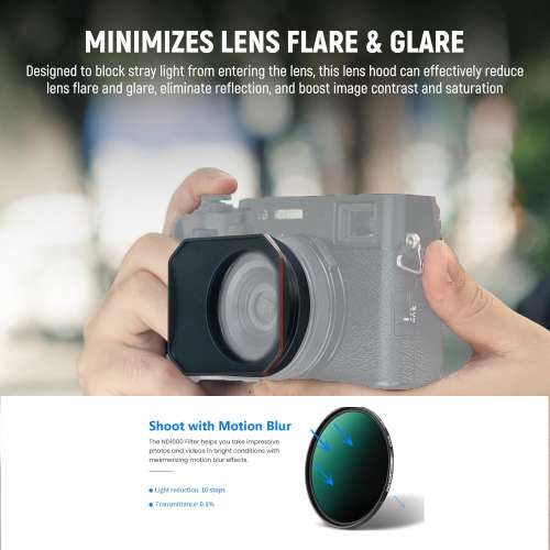 NEEWER CA086 SQUARE Lens Hood With 49mm ND1000 Lens Filter For Fujifilm X100V