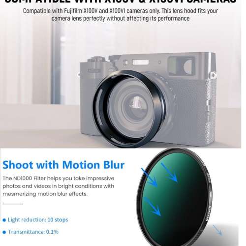 NEEWER CA086 Round Lens Hood  With 49mm ND1000 Lens Filter 10-Stop Fixed Neutral