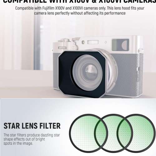 NEEWER CA087 SQUARE Lens Hood With 3 Pcs Star Filters Kit (4, 6, 8 Points) 星光...