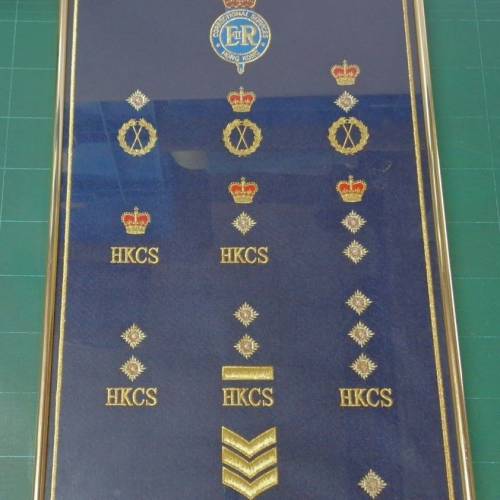 圖片展示香港懲教署（HKCS）各級肩章的布板，肩章上印有「ER」字樣（伊麗莎白女王的...