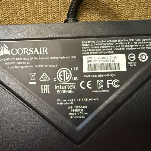 Corsair K70 RGB MK.2 LP keyboard（紅軸）