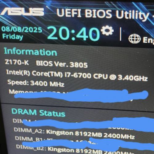 Asus Z170-K motherboard, Intel i7-6700 CPU, Kingston Fury 16GB DDR4 2400 Ram