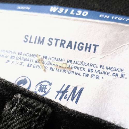 100%全新 H&M Denim Men's Jeans 31"腰 Slim Straight 男裝全黑牛仔褲
