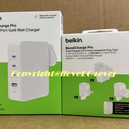 Belkin BoostCharge Pro 140W 4-Port GaN Wall Charger, WCH014myWH, 全新行貨!