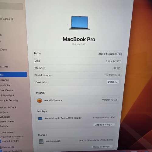 MacBook Pro 14寸 M1 Pro/32GB/1TB