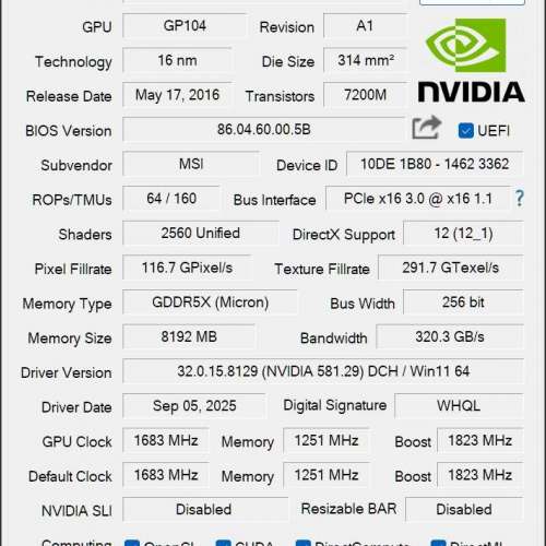 90% 新淨 MSI Geforce GTX 1080