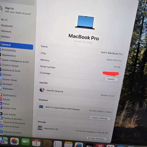 MacBook Pro 14吋 M3 Pro/18GB/512GB 有 AppleCare+