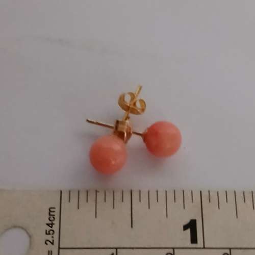 7mm珊瑚圓珠耳環，14k 耳環托.no.D1.11.25