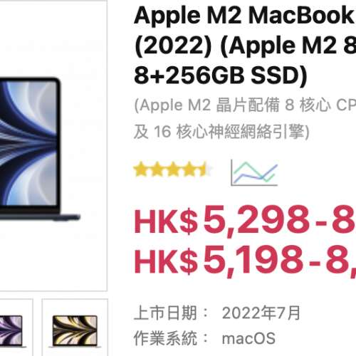 港行 M2 MacBook Air 13吋 8gb RAM 256gb SSD 充電99次 電池健康度100 淨機 半年Ap...