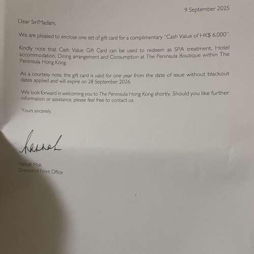 半島酒店6000蚊gift card