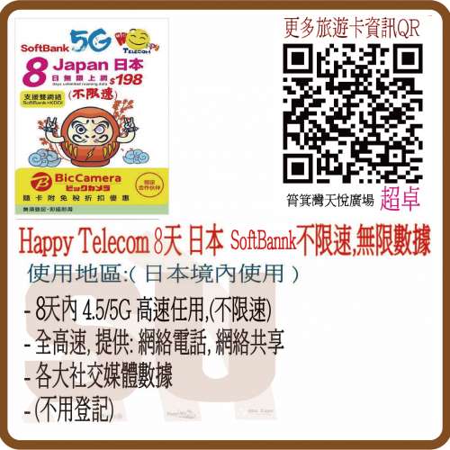 Happy卡 日本  8日5G無限數據 Softbank (不限速) 日本SIM卡 日本電話卡 日本數據卡 ...