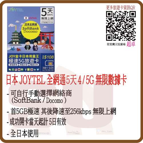 JOYTEL 日本 5日5GB (首5GB高速數據) 無限5G/4G旅遊卡 (超卓)(筲箕灣天悅廣場上2層)