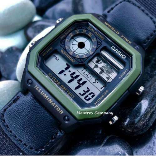 Montres Company 香港註冊公司(32年老店) 卡西歐 CASIO 黑色尼龍帆布錶帶 黑綠色 A...