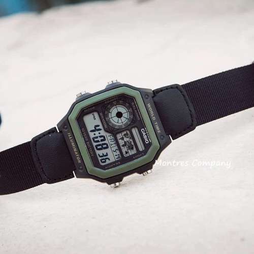 Montres Company 香港註冊公司(32年老店) 卡西歐 CASIO 黑色尼龍帆布錶帶 黑綠色 A...