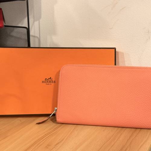 HERMES Togo皮革Azap銀扣長錢包珊瑚色