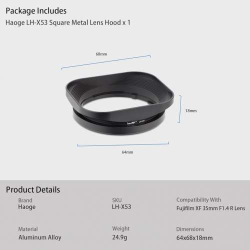 Haoge LH-X53 Bayonet Square Metal Lens Hood For Fujifilm XF 35mm f/1.4 R