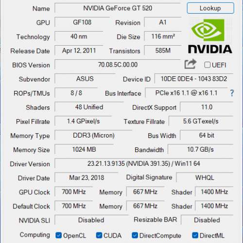 Asus display card GT 520 送 HDMI 1.5M 線