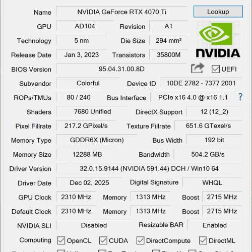 95% New Colorful RTX 4070 ti 4070ti 12GB 顯示卡