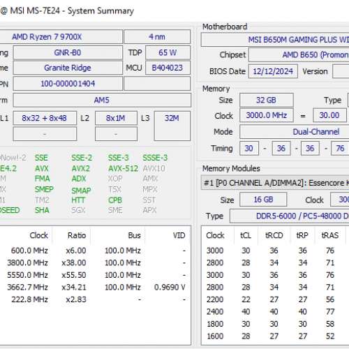 AMD 9700X + MSI B650M GAMING PLUS WIFI + KLEVV BOLT V 32GB (2x16GB) D5-6000C30