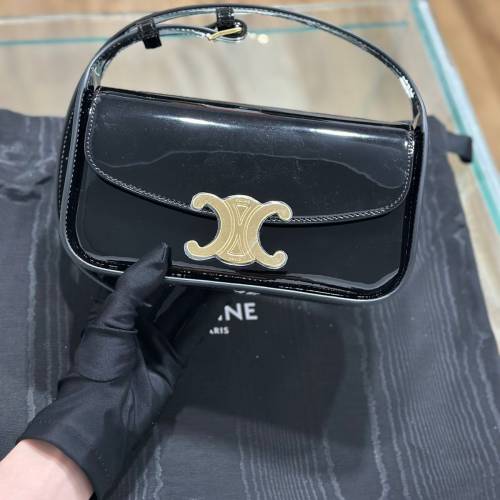CELINE賽琳 Logo徽標可調節肩帶 亮面漆皮 牛皮革 手提單肩包 女款 黑色