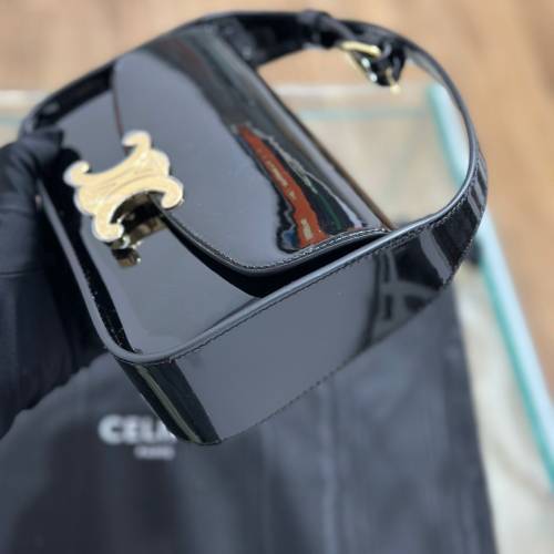 CELINE賽琳 Logo徽標可調節肩帶 亮面漆皮 牛皮革 手提單肩包 女款 黑色