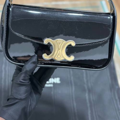 CELINE賽琳 Logo徽標可調節肩帶 亮面漆皮 牛皮革 手提單肩包 女款 黑色