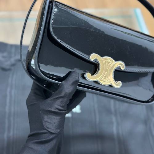 CELINE賽琳 Logo徽標可調節肩帶 亮面漆皮 牛皮革 手提單肩包 女款 黑色