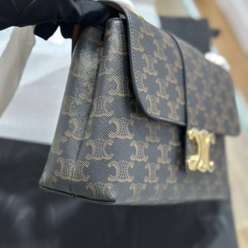 CELINE賽琳 Victoire 凱旋門大鎖扣標誌印花 牛皮革 手提單肩包 小/中號 女款黃褐色