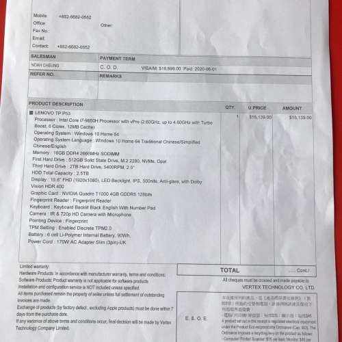 Lenovoo P53/15.6&rdquo;LED/i7-9850H 2.60GHz/16GB DDR4/512GB M.2 SSD+1TB HDD/95%New NB
