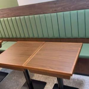 眾美德餐飲家私廠案例展示，實木包邊防火膠板餐檯，胡桃色餐檯，長條卡位梳化，儲...