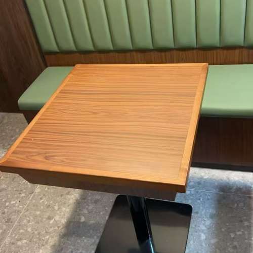 眾美德餐飲家私廠案例展示，實木包邊防火膠板餐檯，胡桃色餐檯，長條卡位梳化，儲...