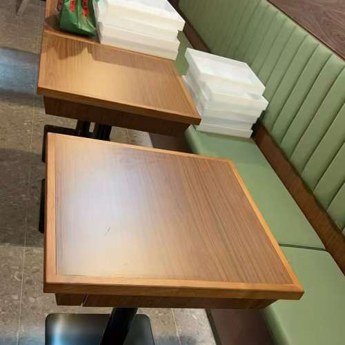 眾美德餐飲家私廠案例展示，實木包邊防火膠板餐檯，胡桃色餐檯，長條卡位梳化，儲...