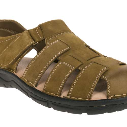 特價100%真皮男裝涼鞋，彈性軟墊(卡其色) Size 42