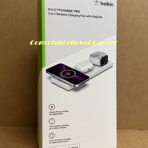Belkin BOOST CHARGE PRO 3-in-1 Wireless Charging Pad with MagSafe,WIZ016my,全...