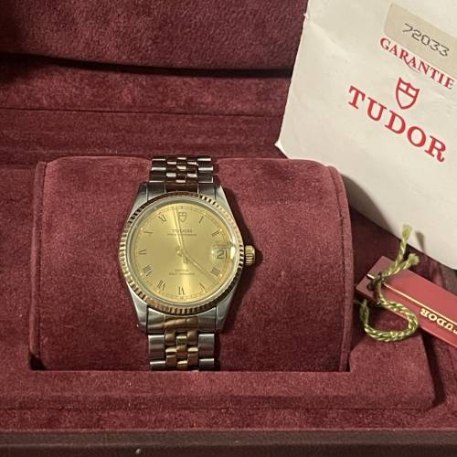 TUDOR 72033 全自動 快跳日曆 K金狗牙圈 勞的勞底 水晶玻璃 32mm錶面 香港出世紙 原...