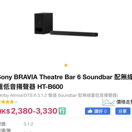 Sony Bravia Theatre Bar 6 Soundabar HT-B600 配無線低音揚聲器
