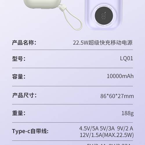沃品（WOPOW）LQ01 10000mAh mini相機自帶雙快充線行動電源
