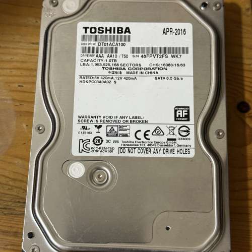 100% 正常Toshiba DT01ACA100  3.5寸 SATA 硬碟 1TB, 土瓜灣站交收