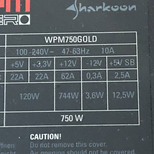 Sharkoon 750W 80 Plus Gold Semi-Modular PSU WPM Gold ZERO
