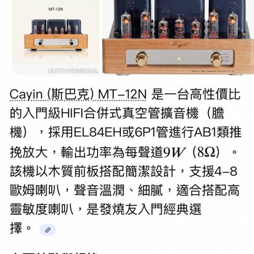 (99.9%新）Cayin MT-12N 6P1 真空管合併擴大機