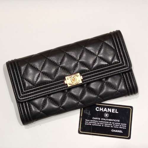 CHANEL LeBoy 黑金羊皮菱格長銀包 Chanel LeBoy Classique Matelasse Wallet GHW