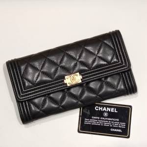 CHANEL LeBoy 黑金羊皮菱格長銀包 Chanel LeBoy Classique Matelasse Wallet GHW