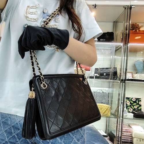 CHANEL中古黑金羊皮菱格流蘇雙鍊手袋 Chanel Vintage Matelasse Tassel Shoulder /...